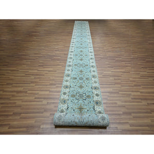 2'9"x24'3" Mist Blue, Natural Dyes, Agra, Shah Abbas Flower Vines Design, Luxurious Wool, Hand Knotted, Denser Weave, Xl Runner, Oriental Rug FWR456678