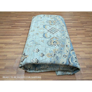 10'x10' Light Cyan Blue, Agra, All Over Shah Abbas Flower Design, Veggie Dyes, Densely Woven, Natural Wool, Hand Knotted, Round, Oriental Rug FWR456738