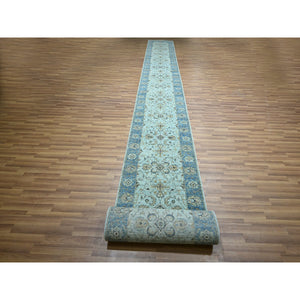 2'9"x29'10" Iceberg Blue, All Over Shah Abbas Flower Design, Veggie Dyes, Densely Woven, Agra, Natural Wool, Hand Knotted, Xl Runner, Oriental Rug FWR456744