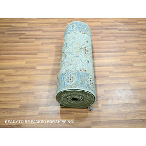 2'7"x25'9" Light Turquoise Blue, All Over Shah Abbas Flower Design, Natural Dyes, Denser Weave, Agra, Pure Wool, Hand Knotted, XL Runner, Oriental Rug FWR456750