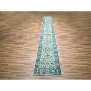 2'6"x14' Light Cyan Blue, All Over Shah Abbas Flower Design, Vegetable Dyes, Denser Weave, Agra, Pure Wool, Hand Knotted, Runner, Oriental Rug FWR456774