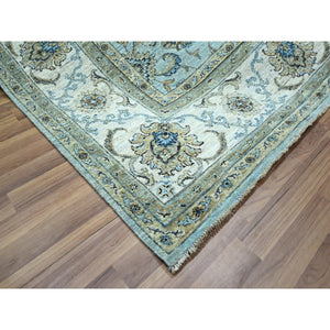 8'1"x8'1" Crystal Blue, Agra, Shah Abbas Flower Vines Design, Luxurious Wool, Denser Weave, Vegetable Dyes, Hand Knotted, Square, Oriental Rug FWR456804