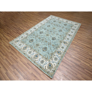 6'x9'1" Baby Blue, Hand Knotted, Agra, Shah Abbas Flower Vines Design, Pure Wool, Veggie Dyes, Denser Weave, Oriental Rug FWR456822