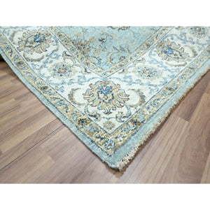 6'x9'1" Baby Blue, Hand Knotted, Agra, Shah Abbas Flower Vines Design, Pure Wool, Veggie Dyes, Denser Weave, Oriental Rug FWR456822
