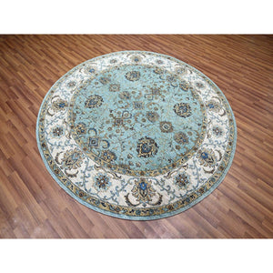 7'x7' Crystal Blue, Natural Dyes, Agra, Shah Abbas Flower Vines Design, Hand Knotted, Luxurious Wool, Denser Weave, Round, Oriental Rug FWR456828
