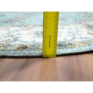 7'x7' Crystal Blue, Natural Dyes, Agra, Shah Abbas Flower Vines Design, Hand Knotted, Luxurious Wool, Denser Weave, Round, Oriental Rug FWR456828