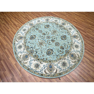 6'1"x6'1" Cerulean Blue, Hand Knotted, Agra, Shah Abbas Flower Vines Design, Vegetable Dyes, Luxurious Wool, Denser Weave, Round, Oriental Rug FWR456834