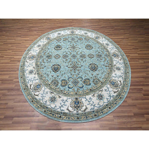 8'x8' Crystal Blue, Agra, Shah Abbas Flower Vines Design, Hand Knotted, Pure Wool, Natural Dyes, Denser Weave, Round, Oriental Rug FWR456840