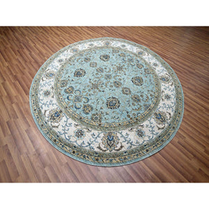 8'x8' Crystal Blue, Agra, Shah Abbas Flower Vines Design, Hand Knotted, Pure Wool, Natural Dyes, Denser Weave, Round, Oriental Rug FWR456840