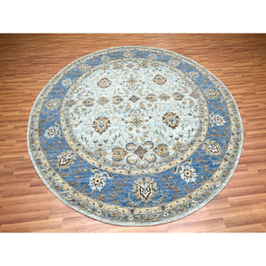 9'x9' Cerulean Blue, Agra, All Over Shah Abbas Flower Design, Veggie Dyes, Densely Woven, Natural Wool, Hand Knotted, Round, Oriental Rug FWR456852