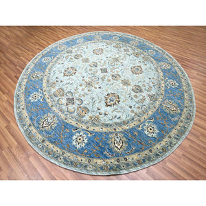 9'x9' Cerulean Blue, Agra, All Over Shah Abbas Flower Design, Veggie Dyes, Densely Woven, Natural Wool, Hand Knotted, Round, Oriental Rug FWR456852