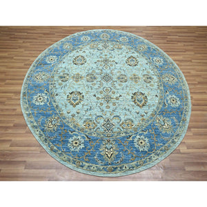 7'2"x7'2" Powder Blue, Denser Weave, Agra, All Over Shah Abbas Flower Design, Vegetable Dyes, Pure Wool, Hand Knotted, Round, Oriental Rug FWR456858