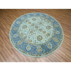 7'2"x7'2" Powder Blue, Denser Weave, Agra, All Over Shah Abbas Flower Design, Vegetable Dyes, Pure Wool, Hand Knotted, Round, Oriental Rug FWR456858