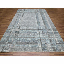 Load image into Gallery viewer, 9&#39;x12&#39;1&quot; Barely Blue With Brown, Modern Geometric Opened Up Plaid Design, 100% Wool, Hand Knotted, Thick And Plush, Oriental Rug FWR456912