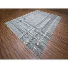 Load image into Gallery viewer, 9&#39;x12&#39;1&quot; Barely Blue With Brown, Modern Geometric Opened Up Plaid Design, 100% Wool, Hand Knotted, Thick And Plush, Oriental Rug FWR456912