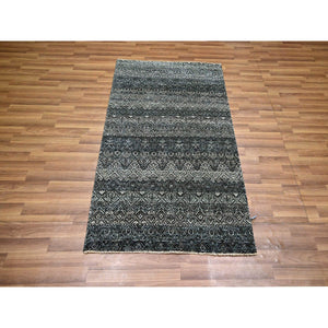 3'1"x5' Charcoal Gray, Small Repetitive Diamond Shaped Geometric Elements, Kohinoor Herat, Hand Knotted, Tone On Tone, Soft To The Touch, Pure Wool, Oriental Rug FWR456936