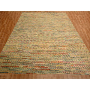 9'1"x12'2" Beige, Wool and Sari Silk with Textured Weave, Modern Design, Hand Knotted, Oriental Rug FWR457038
