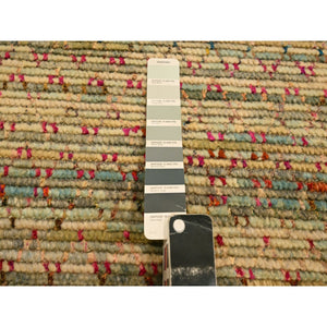 9'1"x12'2" Beige, Wool and Sari Silk with Textured Weave, Modern Design, Hand Knotted, Oriental Rug FWR457038