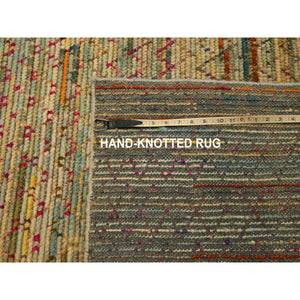 9'1"x12'2" Beige, Wool and Sari Silk with Textured Weave, Modern Design, Hand Knotted, Oriental Rug FWR457038