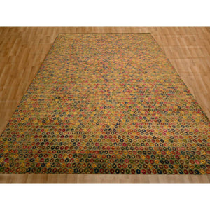 10'2"x14' Golden Yellow, The Buttons, Wool And Sari Silk, Hand Knotted, Soft To The Touch, Oriental Rug FWR457044