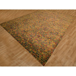 10'2"x14' Golden Yellow, The Buttons, Wool And Sari Silk, Hand Knotted, Soft To The Touch, Oriental Rug FWR457044