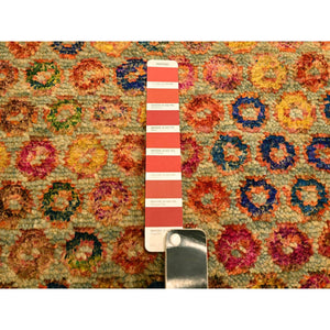 10'2"x14' Golden Yellow, The Buttons, Wool And Sari Silk, Hand Knotted, Soft To The Touch, Oriental Rug FWR457044
