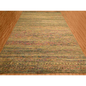 9'x12'3" Burlywood Brown, Sari Silk and Wool, Repetitive Line and Geometric Design, Hand Knotted, Oriental, Rug FWR457086