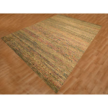 Load image into Gallery viewer, 9&#39;x12&#39;3&quot; Burlywood Brown, Sari Silk and Wool, Repetitive Line and Geometric Design, Hand Knotted, Oriental, Rug FWR457086