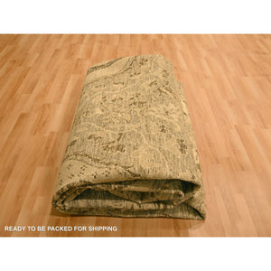 8'9"x11'10" Earth Tone Colors, Tone on Tone, Zero Pile, Distressed, Shaved Low with Suzani Design, Hand Knotted, 100% Wool, Oriental Rug FWR457092