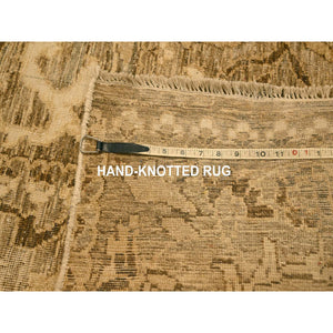 8'9"x11'10" Earth Tone Colors, Tone on Tone, Zero Pile, Distressed, Shaved Low with Suzani Design, Hand Knotted, 100% Wool, Oriental Rug FWR457092