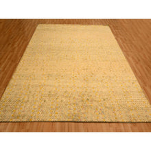 Load image into Gallery viewer, 8&#39;1&quot;x10&#39;1&quot; Beige with Golden Yellow, THE BUTTONS, Distressed Colors, Wool and Sari Silk, Hand Knotted, Soft to the Touch, Oriental Rug FWR457104