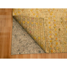 Load image into Gallery viewer, 8&#39;1&quot;x10&#39;1&quot; Beige with Golden Yellow, THE BUTTONS, Distressed Colors, Wool and Sari Silk, Hand Knotted, Soft to the Touch, Oriental Rug FWR457104