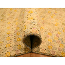 Load image into Gallery viewer, 8&#39;1&quot;x10&#39;1&quot; Beige with Golden Yellow, THE BUTTONS, Distressed Colors, Wool and Sari Silk, Hand Knotted, Soft to the Touch, Oriental Rug FWR457104