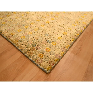 8'1"x10'1" Beige with Golden Yellow, THE BUTTONS, Distressed Colors, Wool and Sari Silk, Hand Knotted, Soft to the Touch, Oriental Rug FWR457104