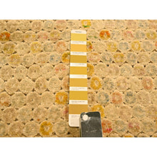 Load image into Gallery viewer, 8&#39;1&quot;x10&#39;1&quot; Beige with Golden Yellow, THE BUTTONS, Distressed Colors, Wool and Sari Silk, Hand Knotted, Soft to the Touch, Oriental Rug FWR457104