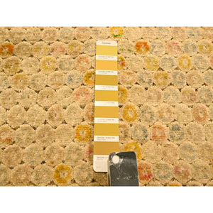 8'1"x10'1" Beige with Golden Yellow, THE BUTTONS, Distressed Colors, Wool and Sari Silk, Hand Knotted, Soft to the Touch, Oriental Rug FWR457104