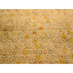 8'1"x10'1" Beige with Golden Yellow, THE BUTTONS, Distressed Colors, Wool and Sari Silk, Hand Knotted, Soft to the Touch, Oriental Rug FWR457104