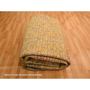 8'1"x10'1" Beige with Golden Yellow, THE BUTTONS, Distressed Colors, Wool and Sari Silk, Hand Knotted, Soft to the Touch, Oriental Rug FWR457104