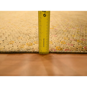 8'1"x10'1" Beige with Golden Yellow, THE BUTTONS, Distressed Colors, Wool and Sari Silk, Hand Knotted, Soft to the Touch, Oriental Rug FWR457104
