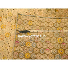 Load image into Gallery viewer, 8&#39;1&quot;x10&#39;1&quot; Beige with Golden Yellow, THE BUTTONS, Distressed Colors, Wool and Sari Silk, Hand Knotted, Soft to the Touch, Oriental Rug FWR457104