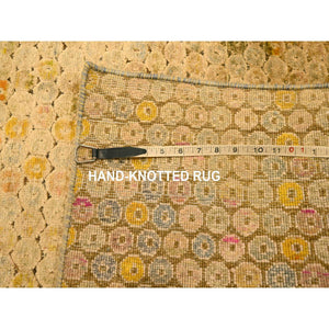 8'1"x10'1" Beige with Golden Yellow, THE BUTTONS, Distressed Colors, Wool and Sari Silk, Hand Knotted, Soft to the Touch, Oriental Rug FWR457104