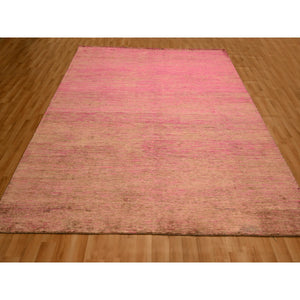 7'9"x10' Rose Pink, Sari Silk, Modern Line Design, Hand Knotted, Soft to the Touch, Oriental Rug FWR457122