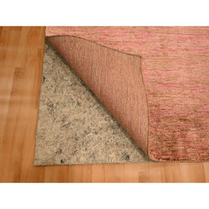 7'9"x10' Rose Pink, Sari Silk, Modern Line Design, Hand Knotted, Soft to the Touch, Oriental Rug FWR457122