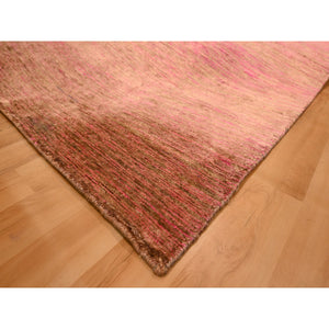 7'9"x10' Rose Pink, Sari Silk, Modern Line Design, Hand Knotted, Soft to the Touch, Oriental Rug FWR457122