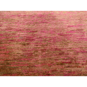 7'9"x10' Rose Pink, Sari Silk, Modern Line Design, Hand Knotted, Soft to the Touch, Oriental Rug FWR457122