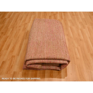 7'9"x10' Rose Pink, Sari Silk, Modern Line Design, Hand Knotted, Soft To The Touch, Oriental Rug FWR457122