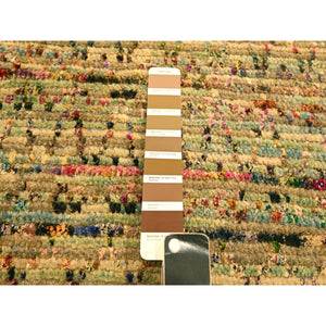8'x10' Burlywood Brown, Wool and Sari Silk with Grass Design, Hand Knotted, Oriental Rug FWR457128