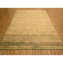 Load image into Gallery viewer, 7&#39;9&quot;x9&#39;10&quot; Ecru Brown, Striae Design Geometric Pattern, Textured Wool and Sari Silk, Hand Knotted, Oriental Rug FWR457134