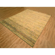Load image into Gallery viewer, 7&#39;9&quot;x9&#39;10&quot; Ecru Brown, Striae Design Geometric Pattern, Textured Wool and Sari Silk, Hand Knotted, Oriental Rug FWR457134
