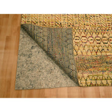 Load image into Gallery viewer, 7&#39;9&quot;x9&#39;10&quot; Ecru Brown, Striae Design Geometric Pattern, Textured Wool and Sari Silk, Hand Knotted, Oriental Rug FWR457134